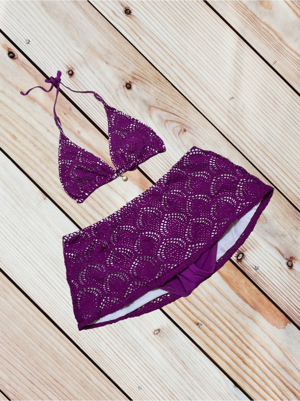 La Blanca size 12 magenta crochet swim skirt & halter bikini